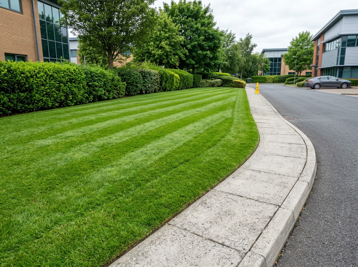 Commercial lawn maintenance with mowing and edging at a Tallahassee business park