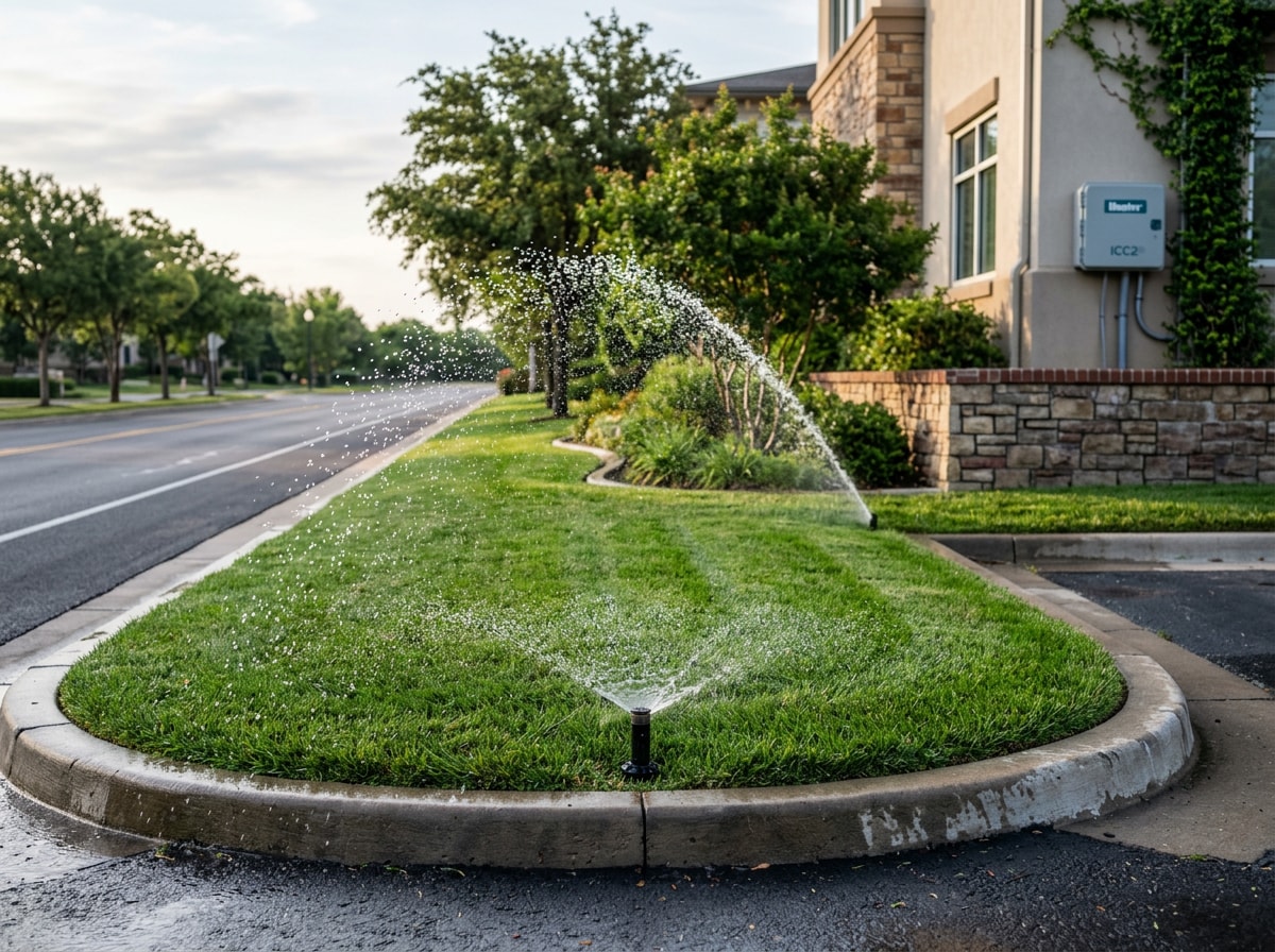 Commercial irrigation controller and sprinkler zone running on a Leon County property