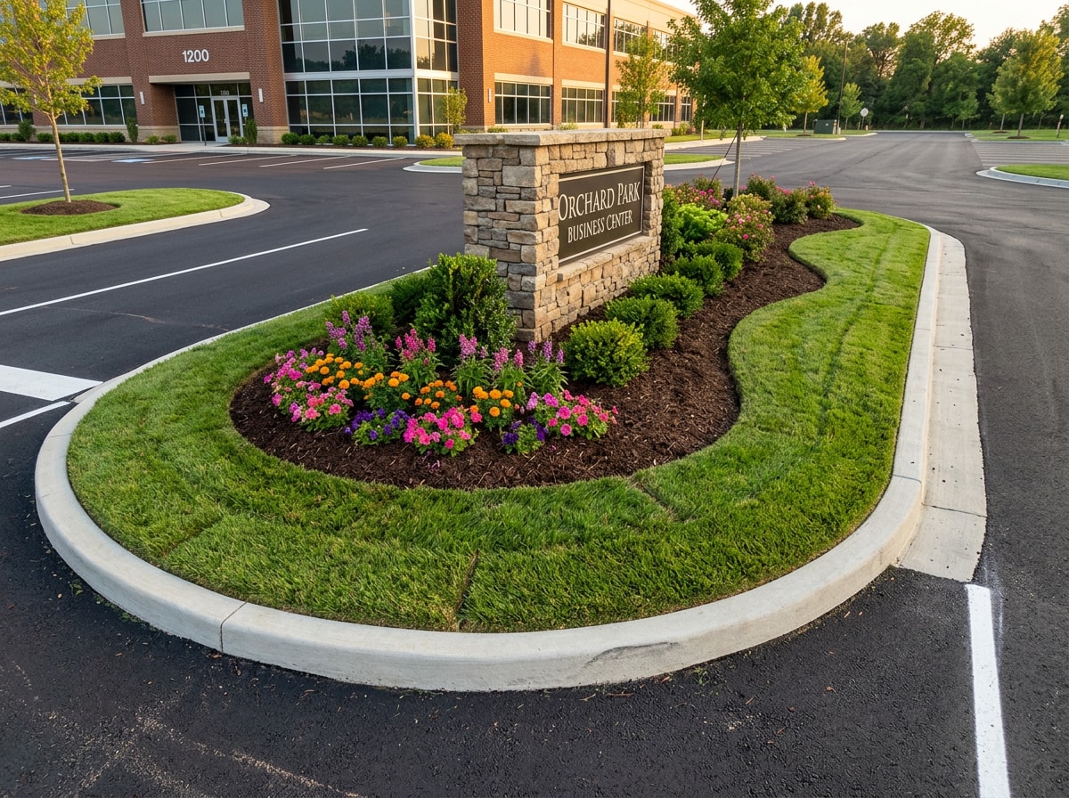 Manicured entrance island with fresh sod and trimmed hedges at a Leon County commercial property