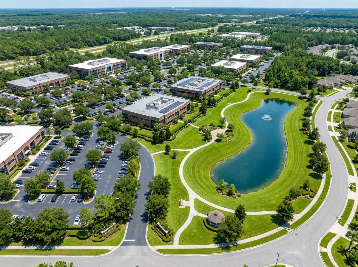 Aerial view of an office park and HOA common areas maintained in Leon County, Florida