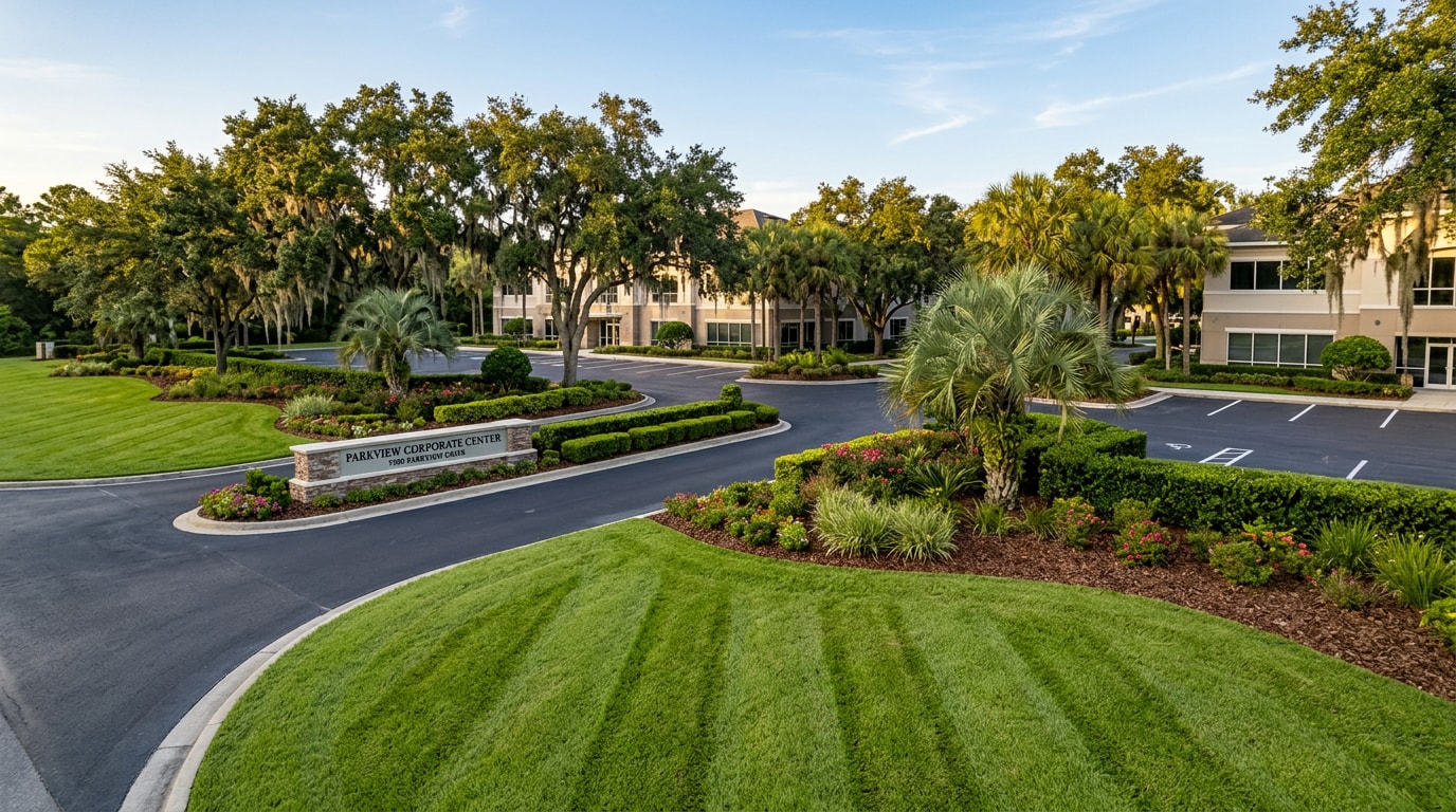 Maintained commercial office park entrance with mowed turf and trimmed hedges in Leon County, Florida Maintained commercial office park entrance with mowed turf and trimmed hedges in Leon County, Florida