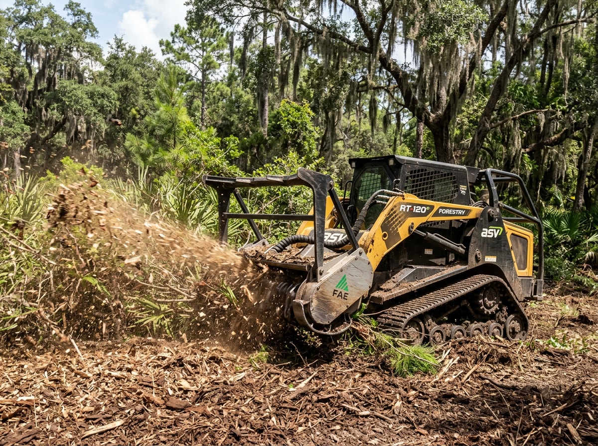 forestry mulcher grinding dense underbrush on a wooded Betton Hills Florida lot