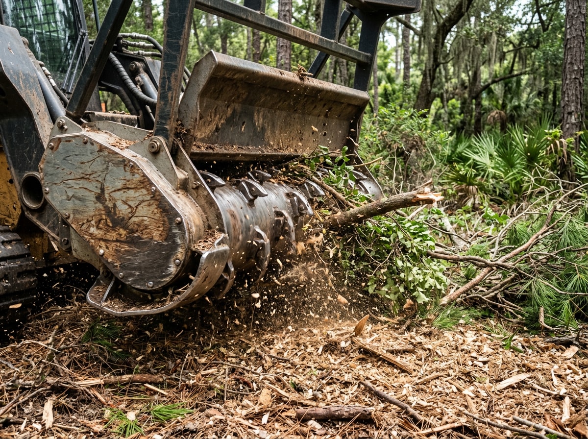 forestry mulcher drum grinding brush into fine mulch on cleared Tallahassee land