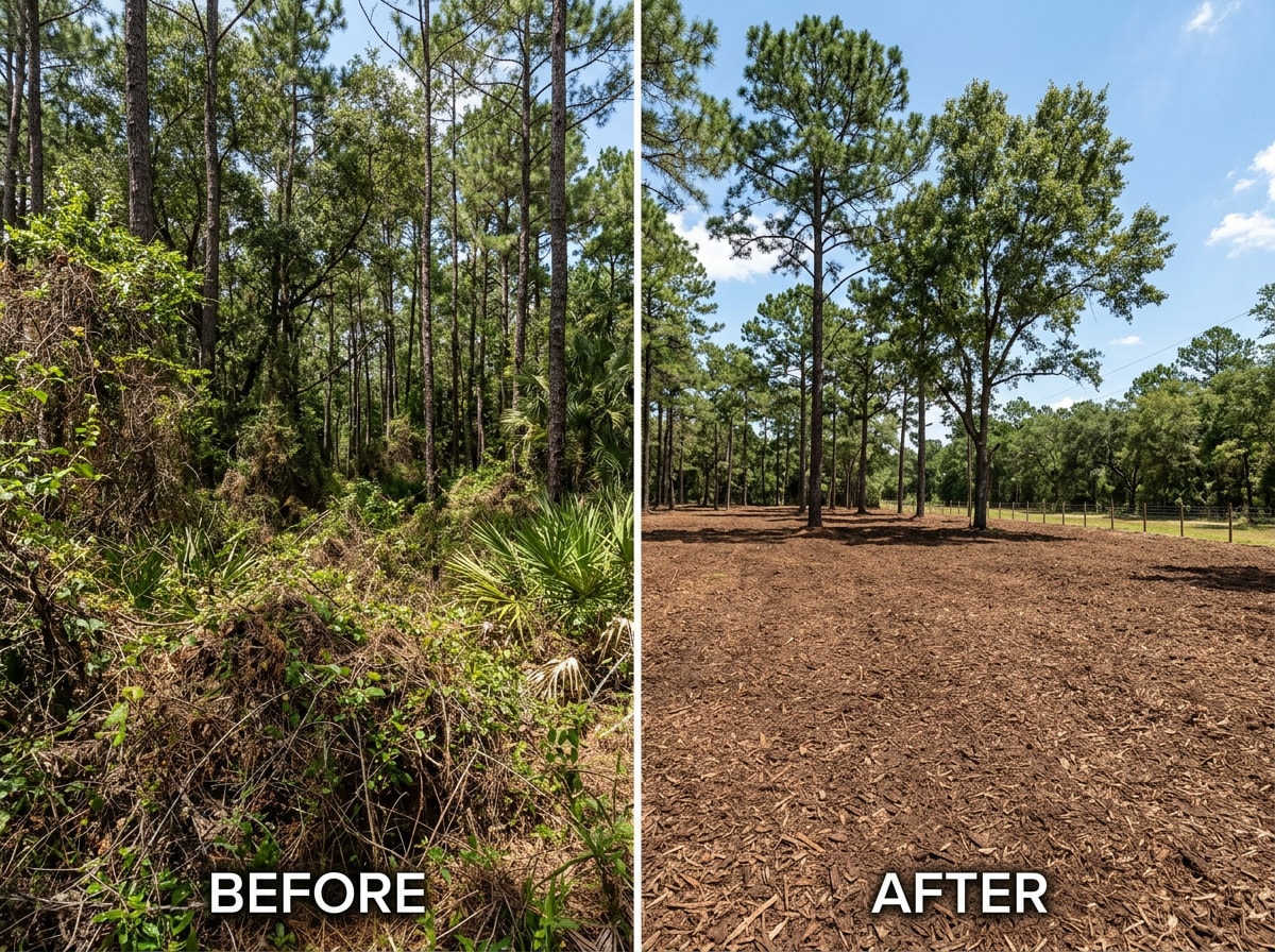 before and after photo of multi-acre forestry mulching land clearing near Tallahassee