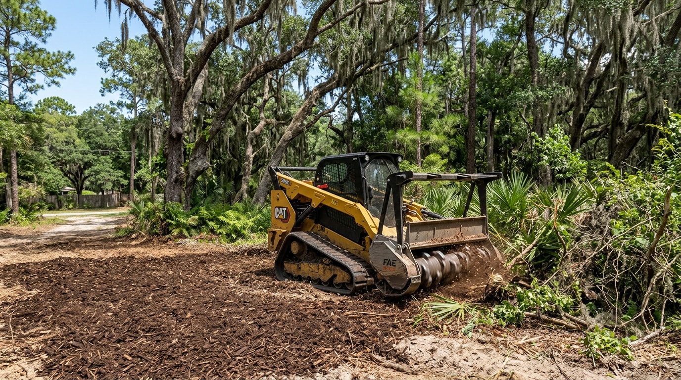 forestry mulcher clearing underbrush on a wooded lot in Betton Hills, FL forestry mulcher clearing underbrush on a wooded lot in Betton Hills, FL