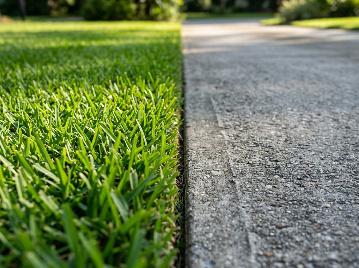 Crisp edged line along a concrete driveway after lawn mowing and edging service in Centerville FL