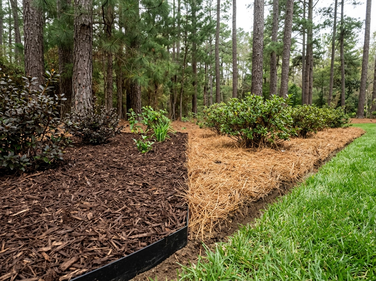 Side by side comparison of a fresh mulch bed and a pine straw bed in a North Florida landscape