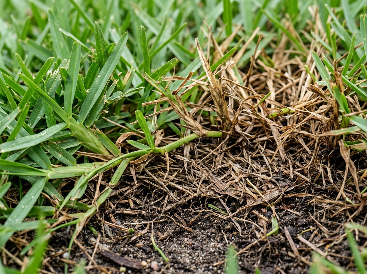 Close-up of brown patch damage bordering healthy St. Augustine grass
