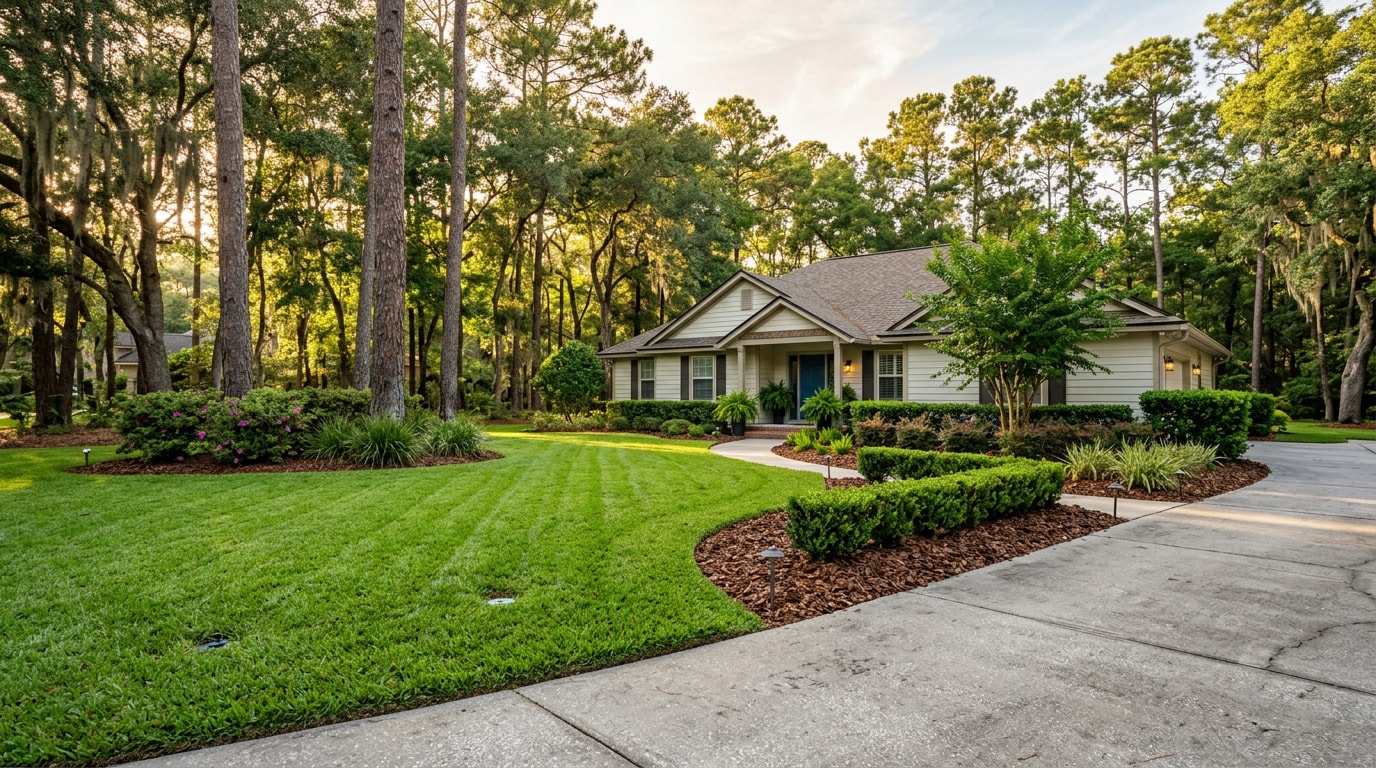 Freshly mowed lawn with edged driveway and mulched beds at a Centerville FL home Freshly mowed lawn with edged driveway and mulched beds at a Centerville FL home
