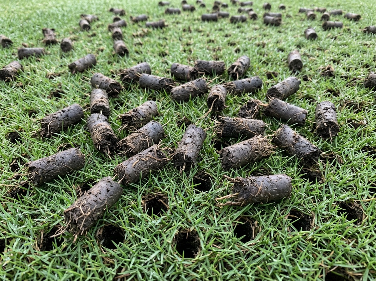 Core aeration plugs pulled from a compacted clay lawn in North Florida