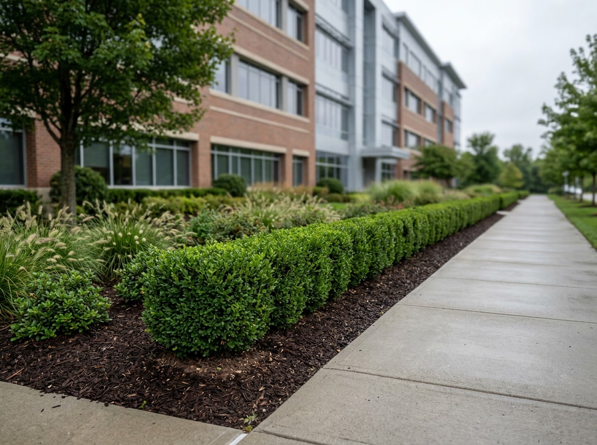 Trimmed hedges and freshly mulched beds along a commercial property walkway