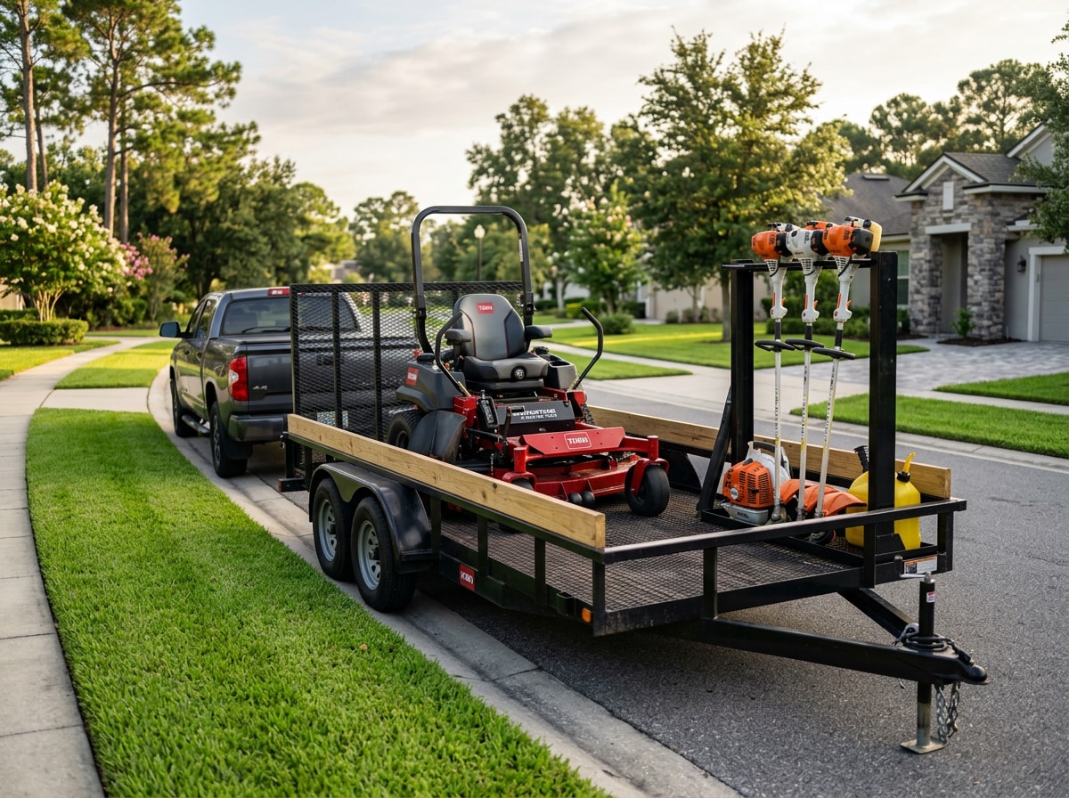 Grounds maintenance crew equipment staged beside a manicured North Florida lawn