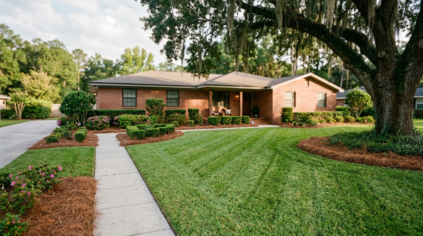 Professionally maintained lawn and landscape beds at a Tallahassee, FL home Professionally maintained lawn and landscape beds at a Tallahassee, FL home