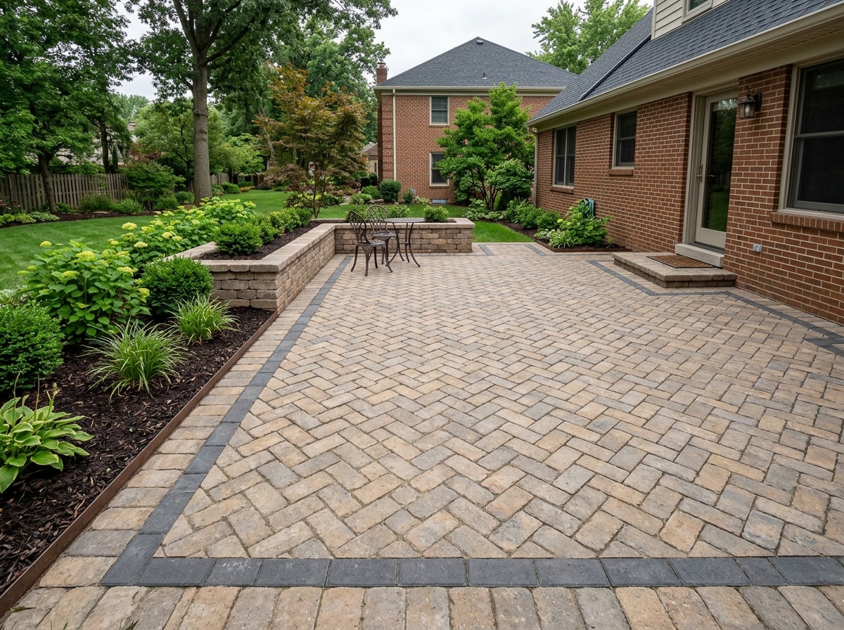 Finished paver patio with seat wall and planting beds in a Tallahassee backyard