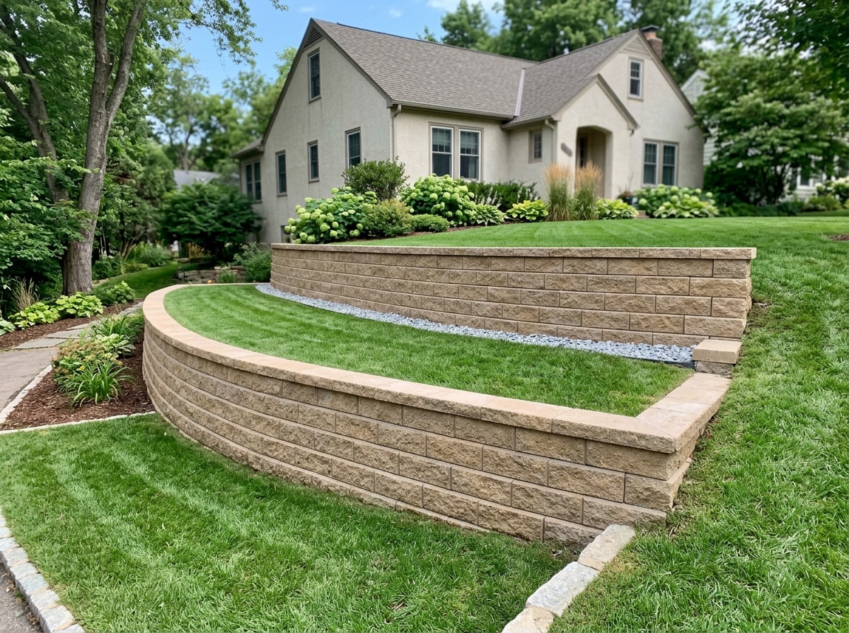 Tiered segmental block retaining wall with integrated seat wall on a sloped Leon County lot