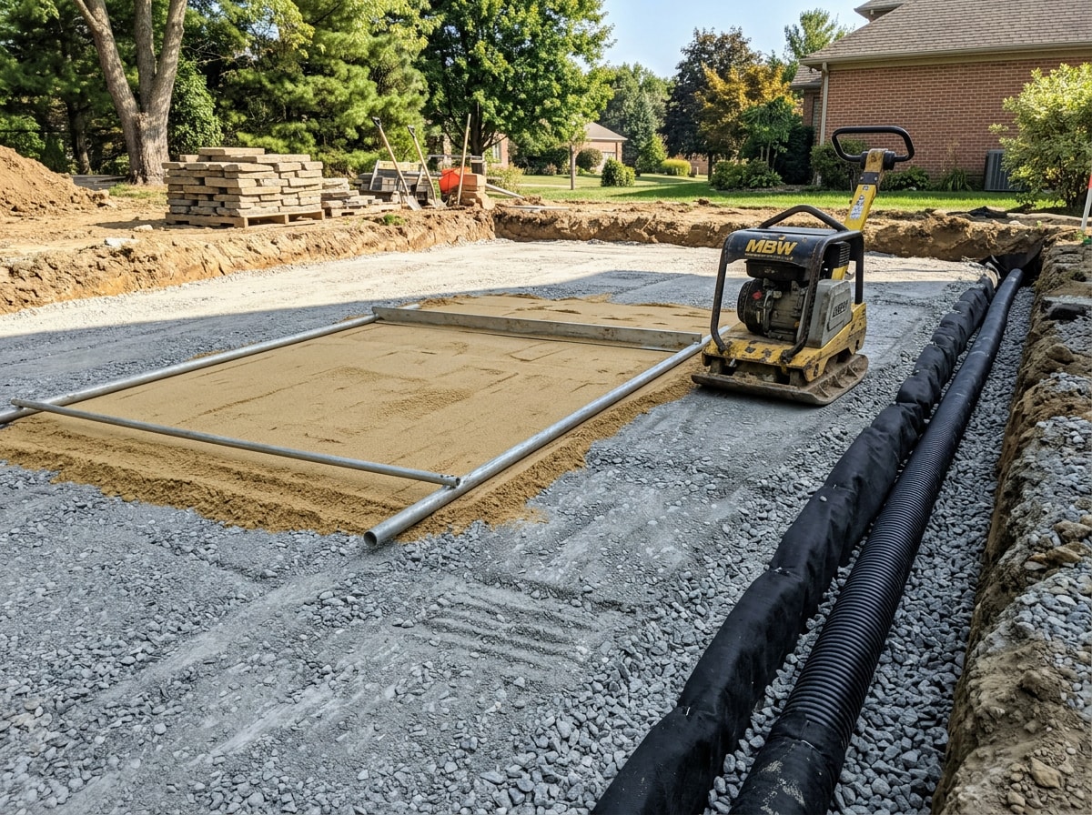 Compacted aggregate base and sub surface drain tie in prepared before paver installation