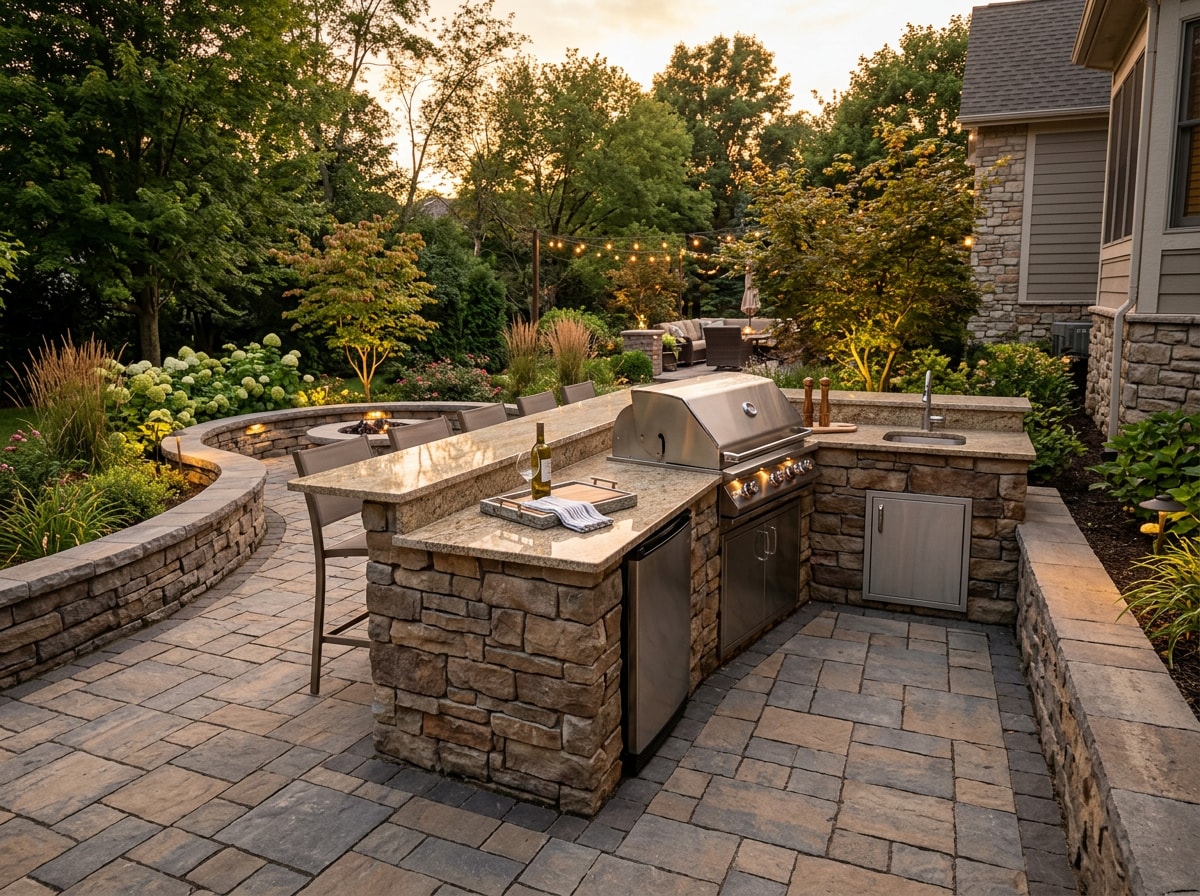 Outdoor kitchen with built in grill, stone counter and paver seating area