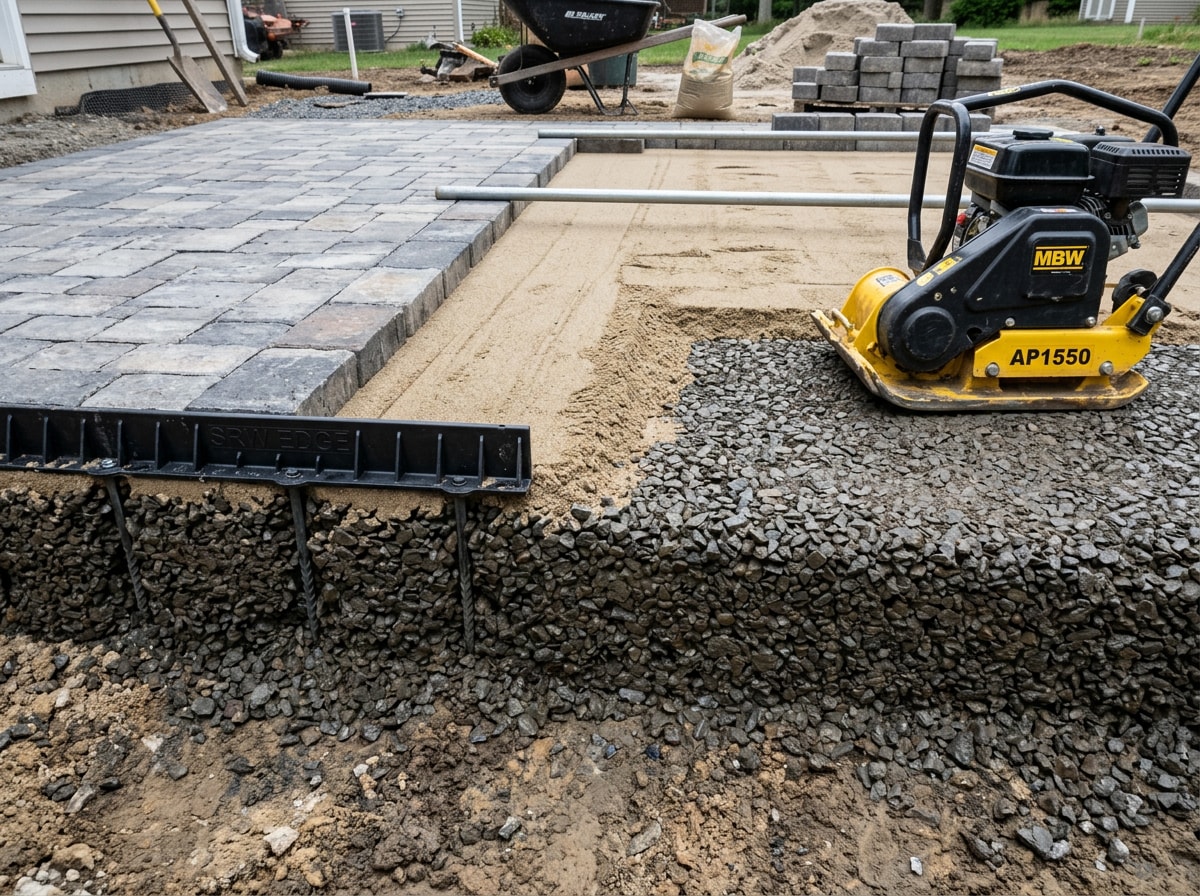 Paver base preparation showing compacted aggregate lifts and edge restraint