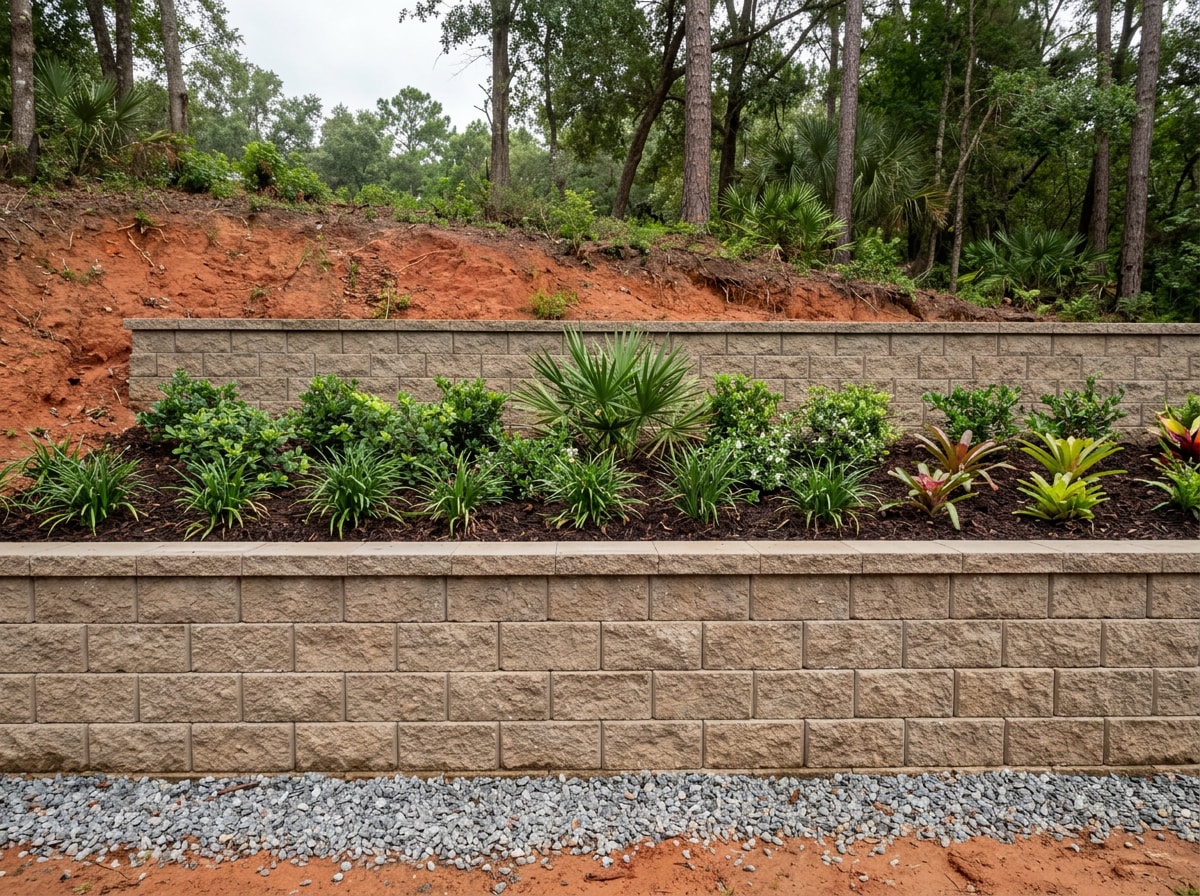 Segmental block retaining wall terracing a sloped North Florida backyard