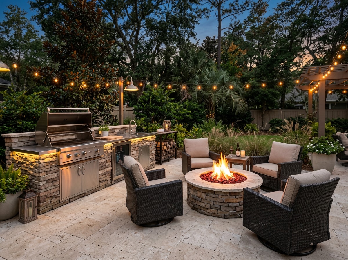 Outdoor kitchen and gas fire pit built into a travertine paver patio