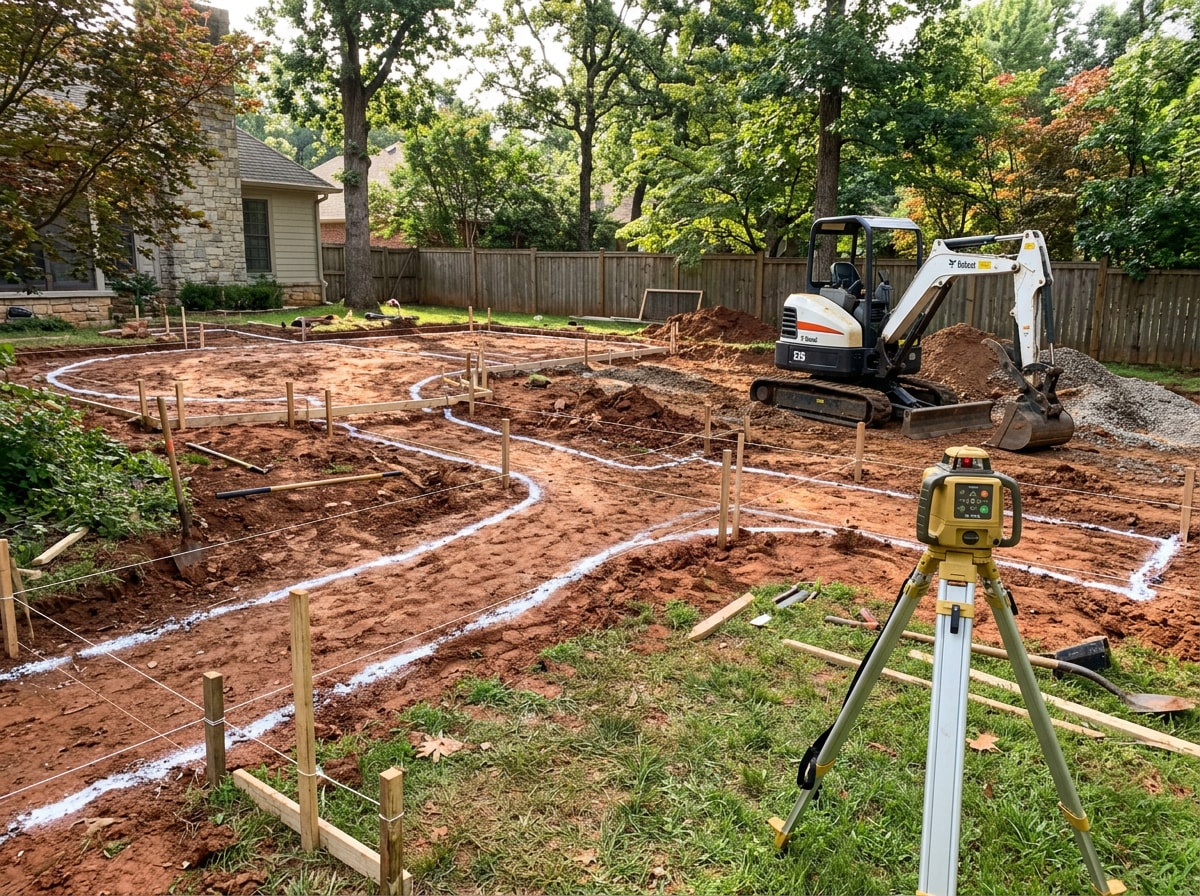 Hardscape layout marked with paint and string lines before excavation