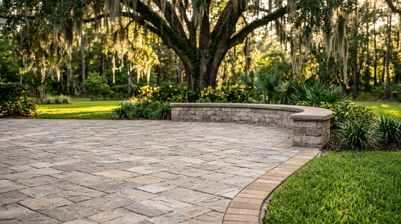 Finished paver patio with seating wall in a Tallahassee, FL backyard