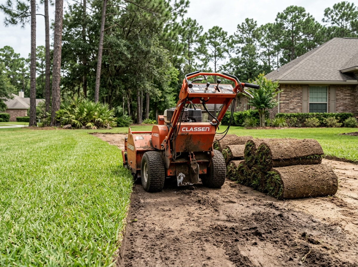 Sod cutter stripping strips of old turf from a sandy North Florida yard