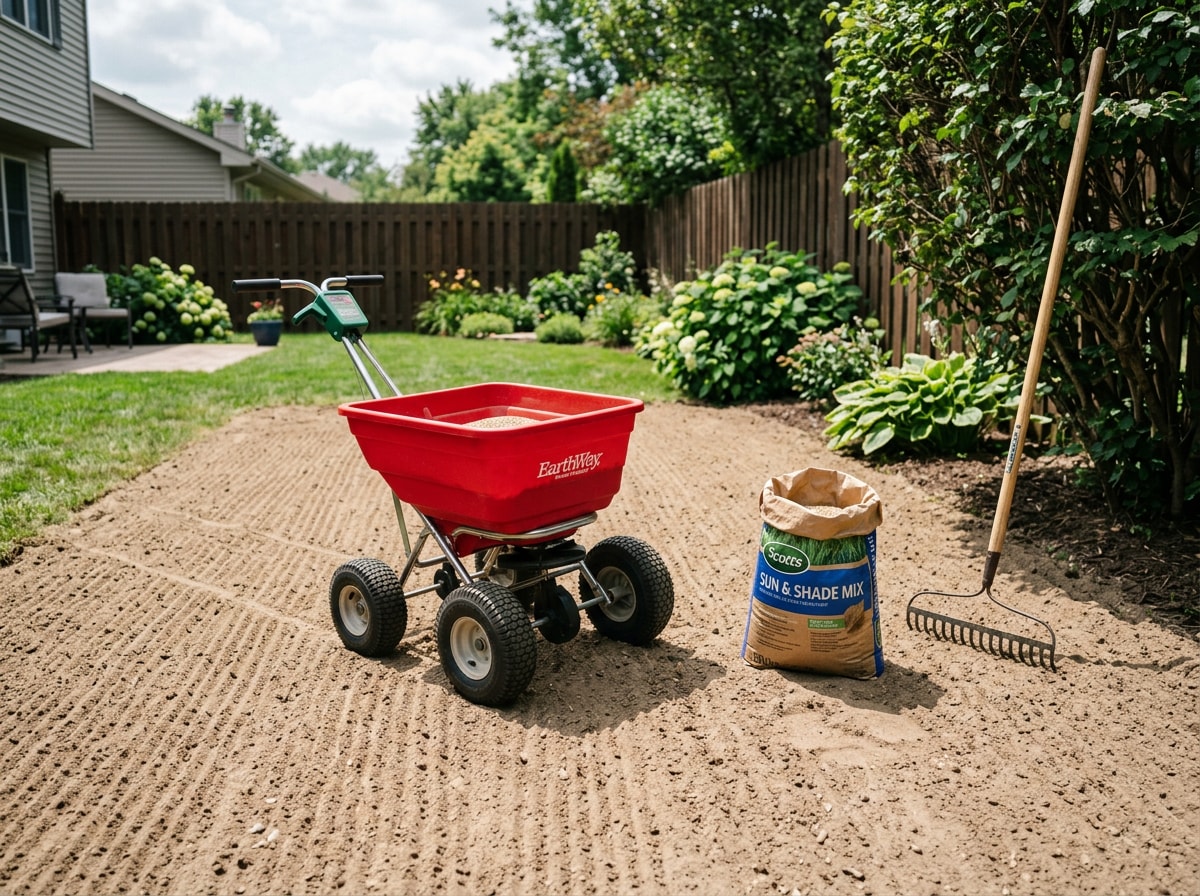 Broadcast spreader on a freshly raked sandy seedbed ready for grass seed