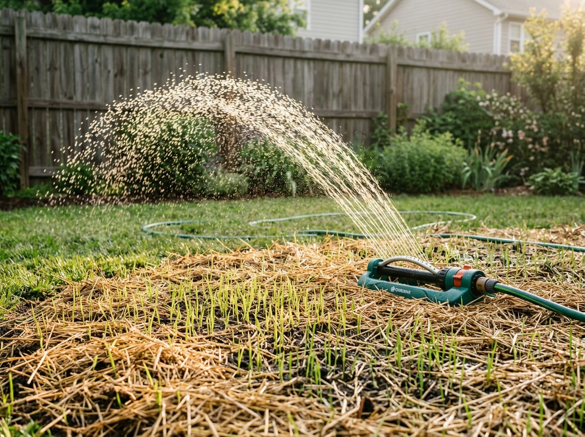 Sprinkler watering a straw mulched new grass seedbed in a North Florida yard