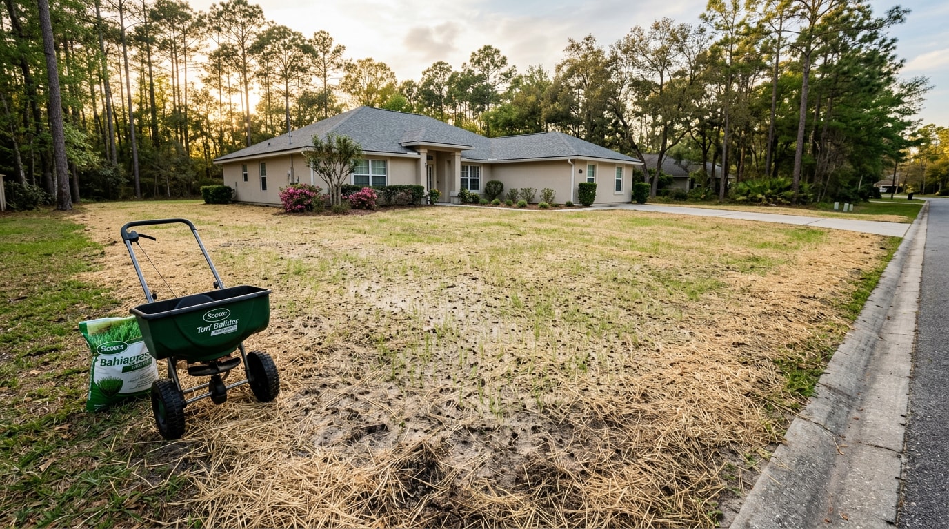 Freshly reseeded straw mulched lawn with new grass seedlings at a Woodville, FL home Freshly reseeded straw mulched lawn with new grass seedlings at a Woodville, FL home