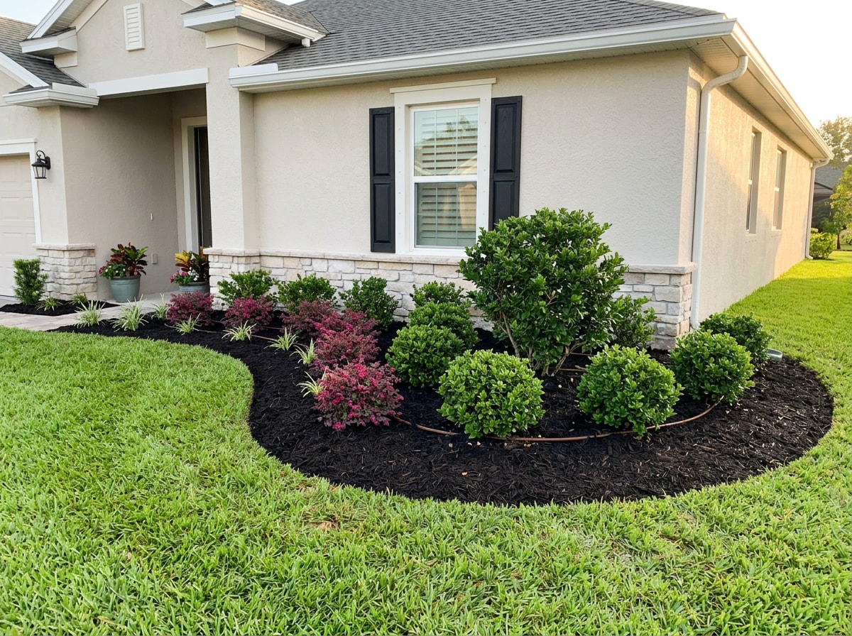 Finished front landscape bed with layered evergreen shrubs and fresh mulch at a SouthWood, FL home