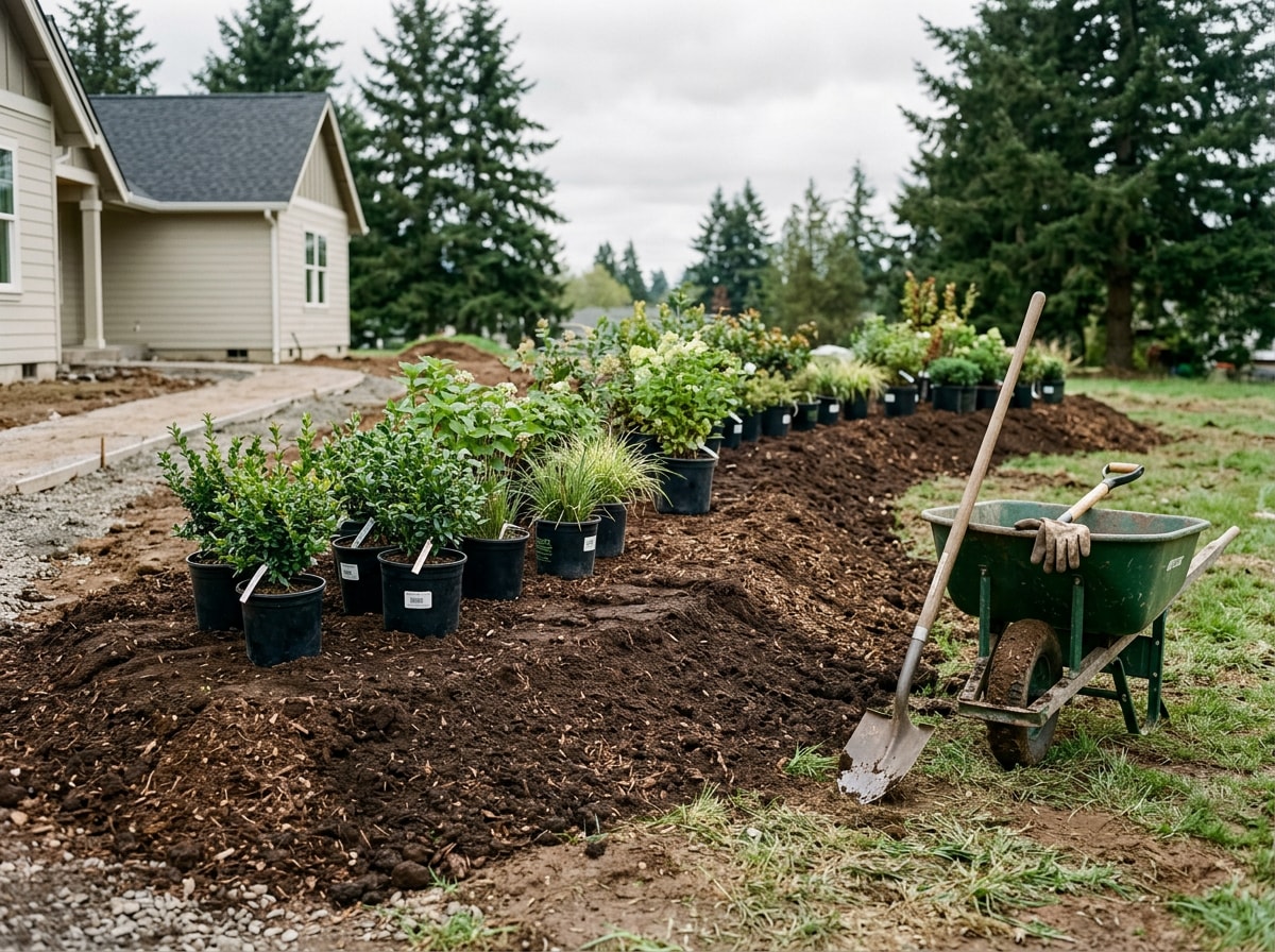 Landscape crew bed preparation with amended soil and newly set shrubs at a Tallahassee property