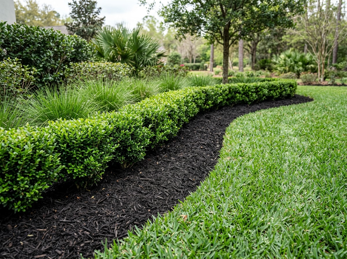 Seasonal maintenance work in a North Florida landscape bed with refreshed mulch and trimmed evergreen shrubs