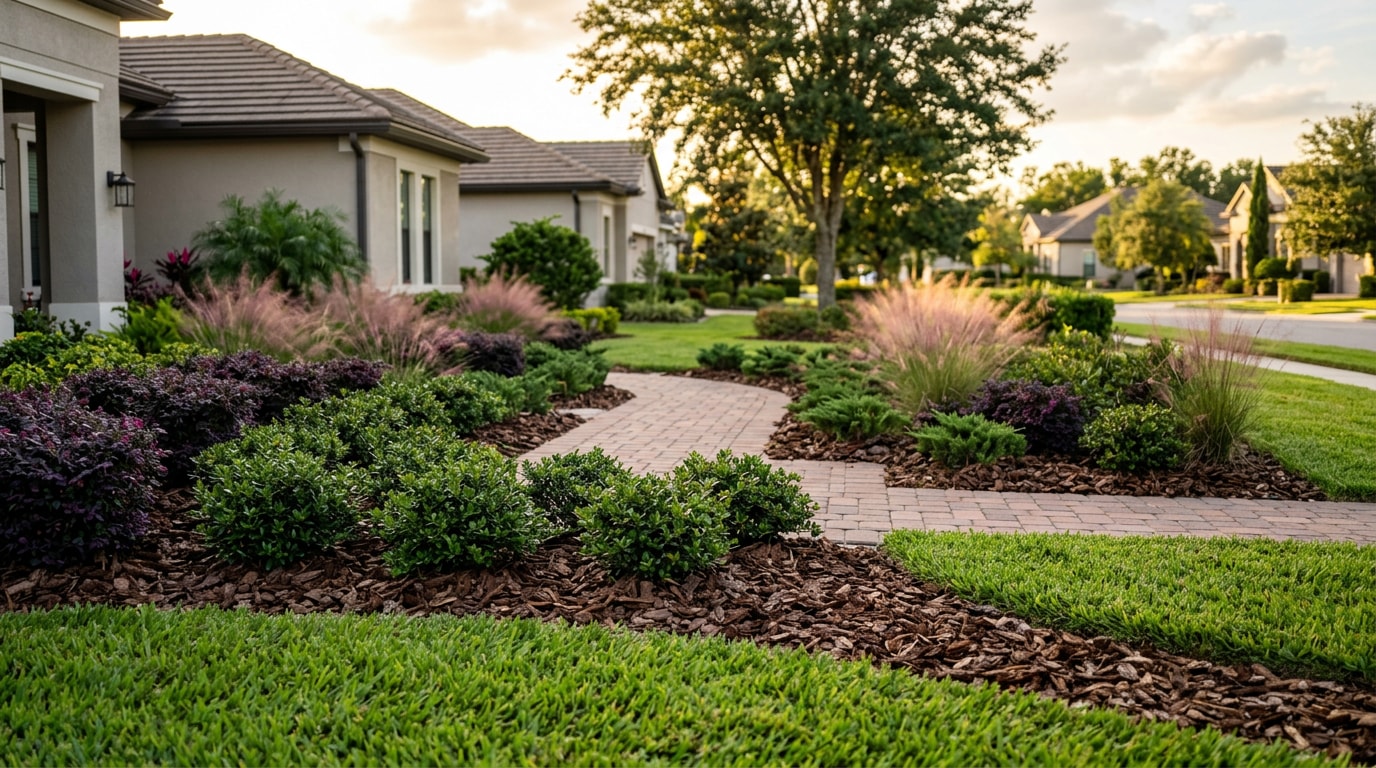 Finished landscape gardening beds at a SouthWood, FL home with layered shrubs and mulch Finished landscape gardening beds at a SouthWood, FL home with layered shrubs and mulch