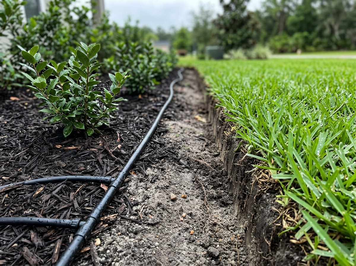 New landscape installation with fresh sod, mulched shrub beds and clean bed edging at a Leon County home