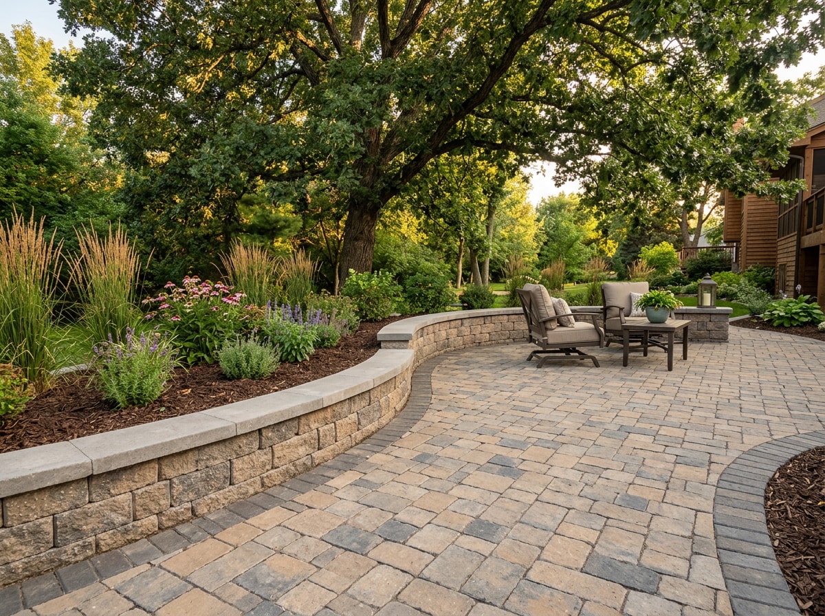 Paver patio with seat wall and planted border in a Tallahassee backyard