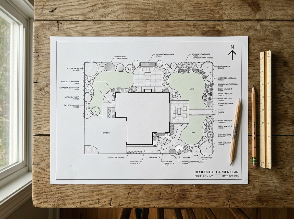 Scaled landscape design plan showing plant placement and bed layout for a North Florida property