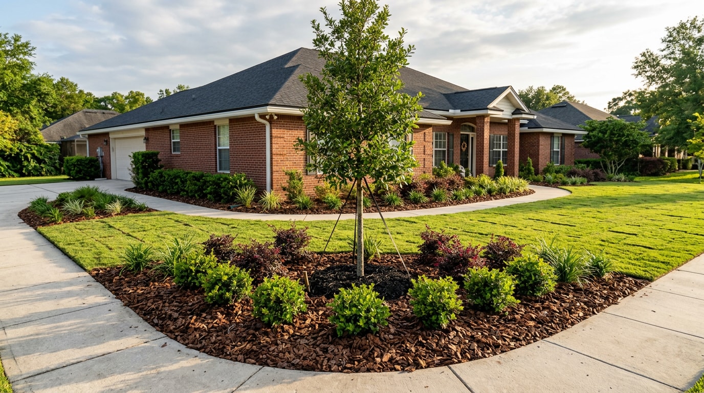 Completed landscape installation with new sod, mulched beds and shrubs at a Leon County, FL home
