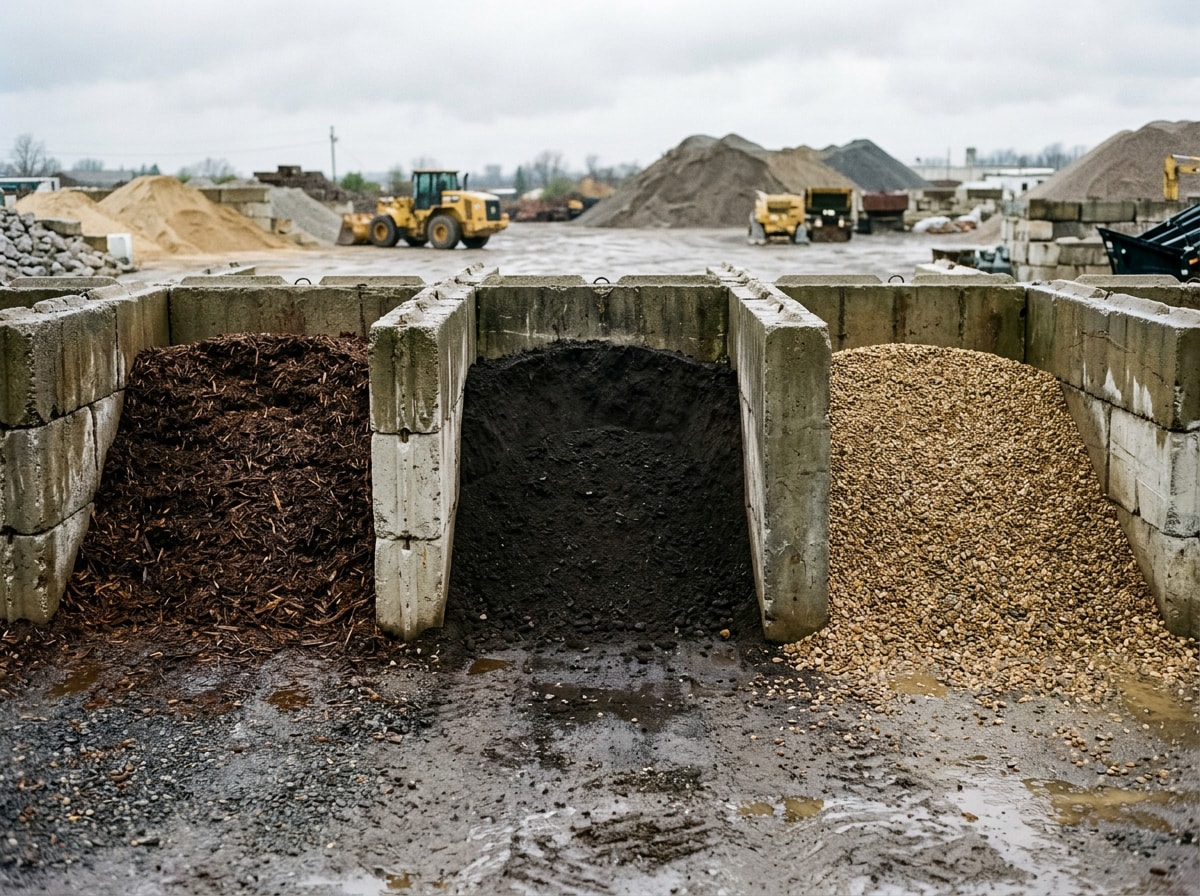 Bulk bins of mulch, screened topsoil and decorative gravel at a North Florida landscape supply yard