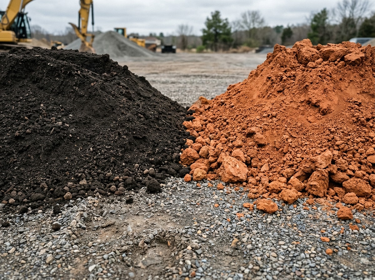 Side by side piles of dark screened topsoil and reddish fill dirt in a bulk supply yard