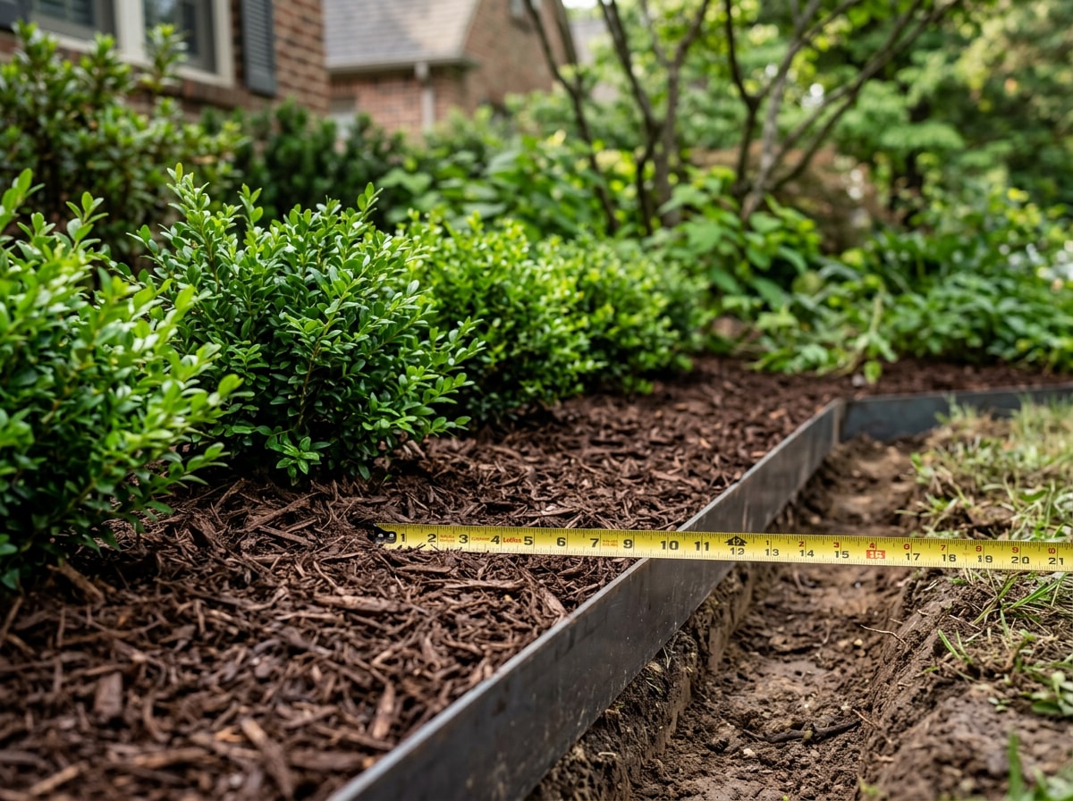 Landscape bed with mulch spread to a measured three inch depth beside a tape measure