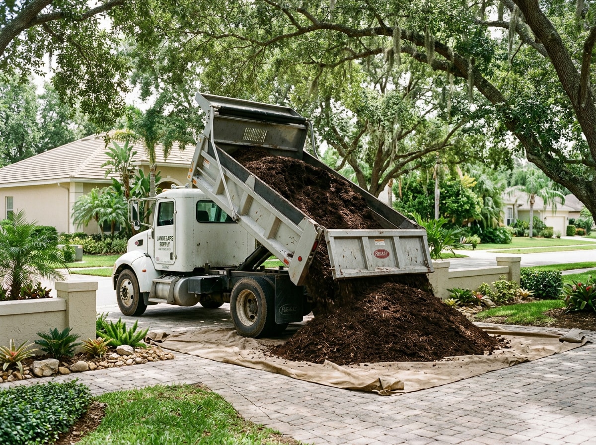 Dump truck releasing bulk mulch onto a tarp laid over a residential paver driveway