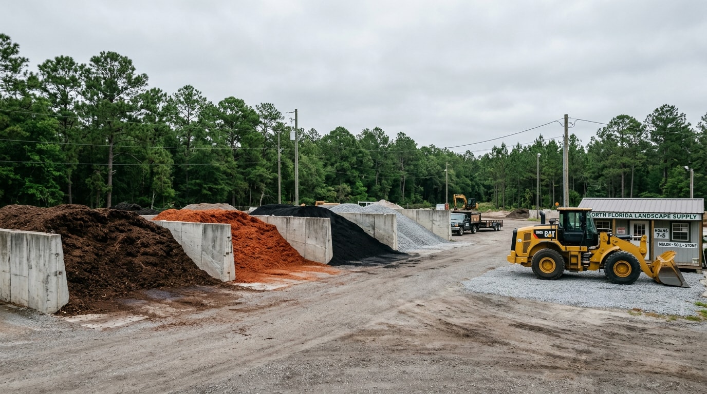 Bulk landscape supply yard with separated bins of mulch, topsoil and crushed stone Bulk landscape supply yard with separated bins of mulch, topsoil and crushed stone