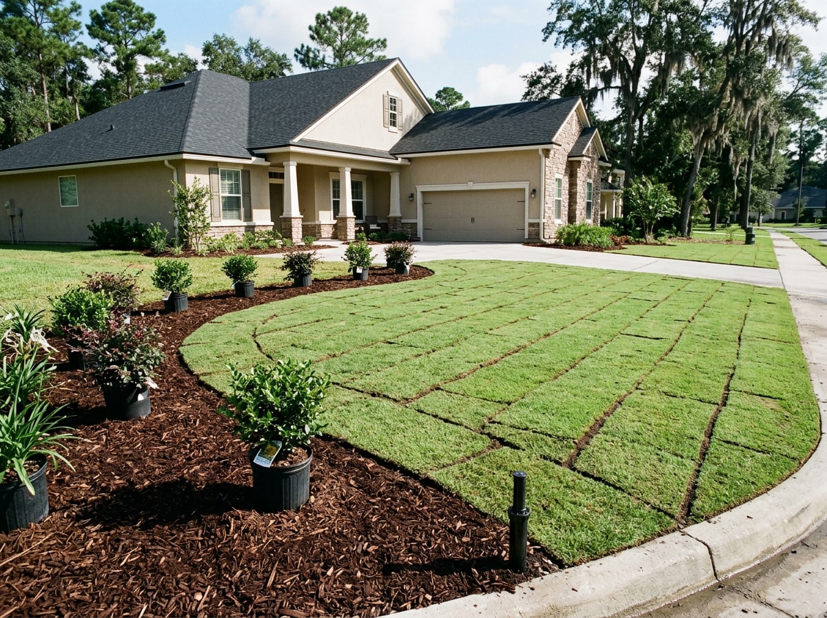 Newly installed sod and freshly planted shrub beds on a renovated North Florida front yard