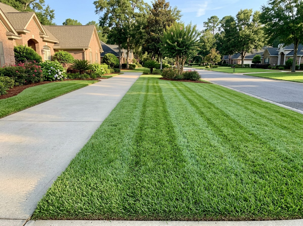 Striped St. Augustine lawn freshly mowed and edged beside a residential driveway