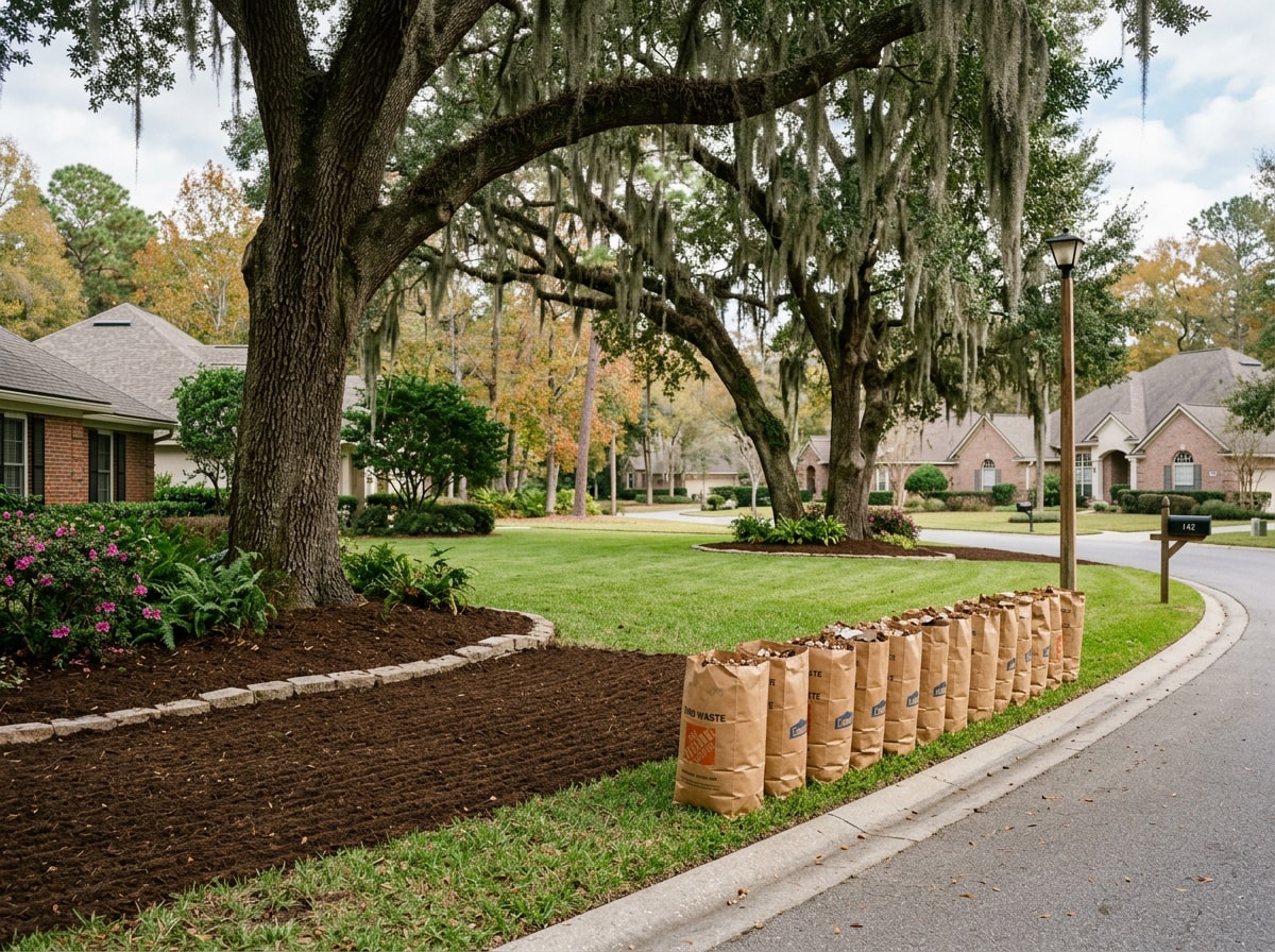 Cleared lawn under mature oaks after a fall leaf removal, debris bagged at the curb