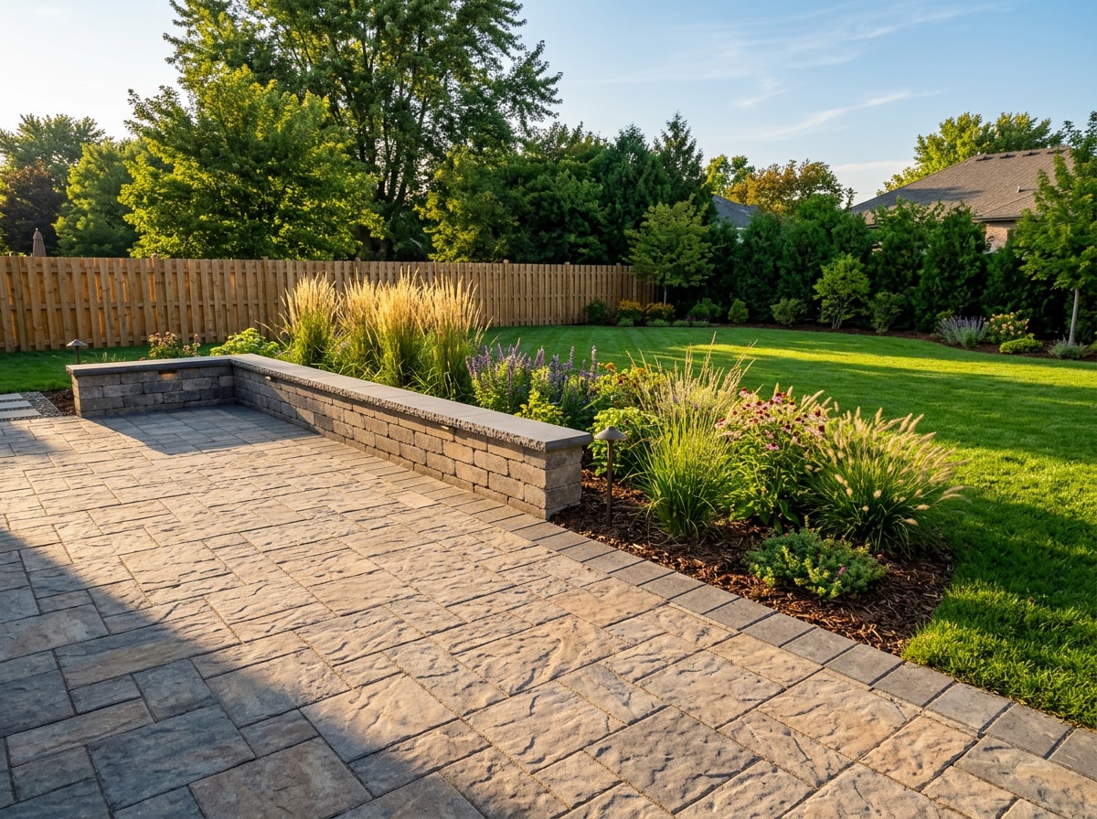 Paver patio, retaining wall and planted beds forming a finished backyard landscape