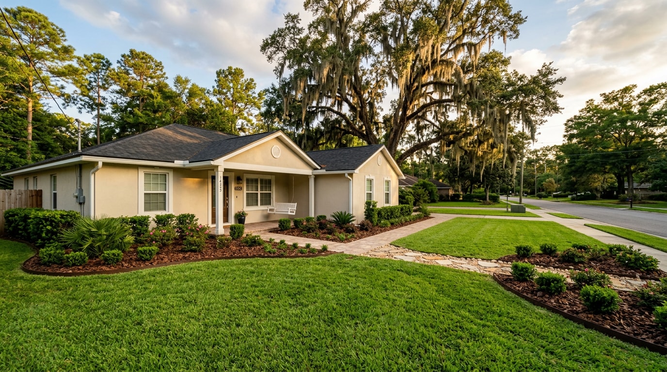 Finished front yard landscaping with new sod and mulched beds on a Tallahassee home Finished front yard landscaping with new sod and mulched beds on a Tallahassee home