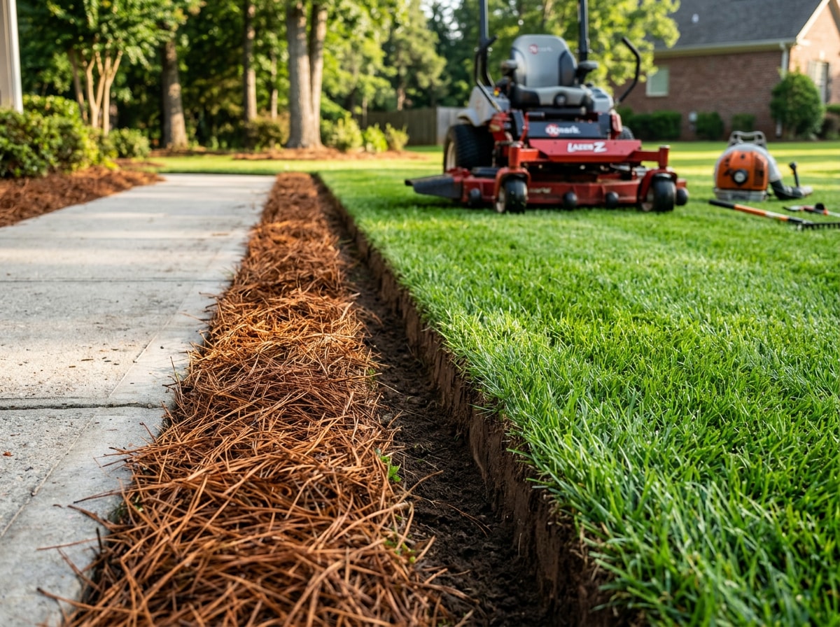 Crew edging a pine straw bed line during weekly lawn maintenance in Tallahassee