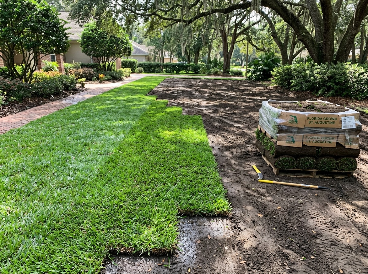 New St. Augustine sod being laid over freshly graded soil on a shaded Tallahassee lot